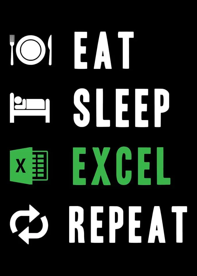 Afiș negru cu textul „Eat Sleep Excel Repeat” și pictograme