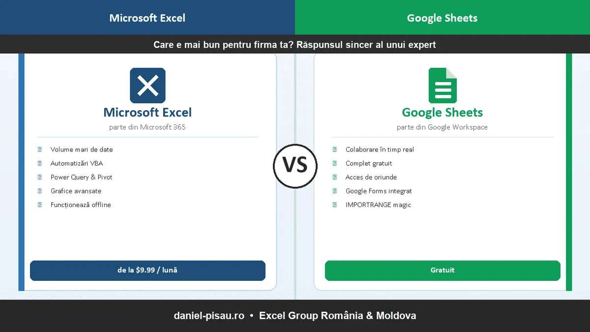 Comparație pe două coloane între Microsoft Excel și Google Sheets, cu funcțiile și prețul fiecăruia