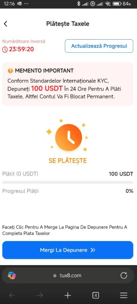 Mesaj KYC 100 USDT în aplicația TUX