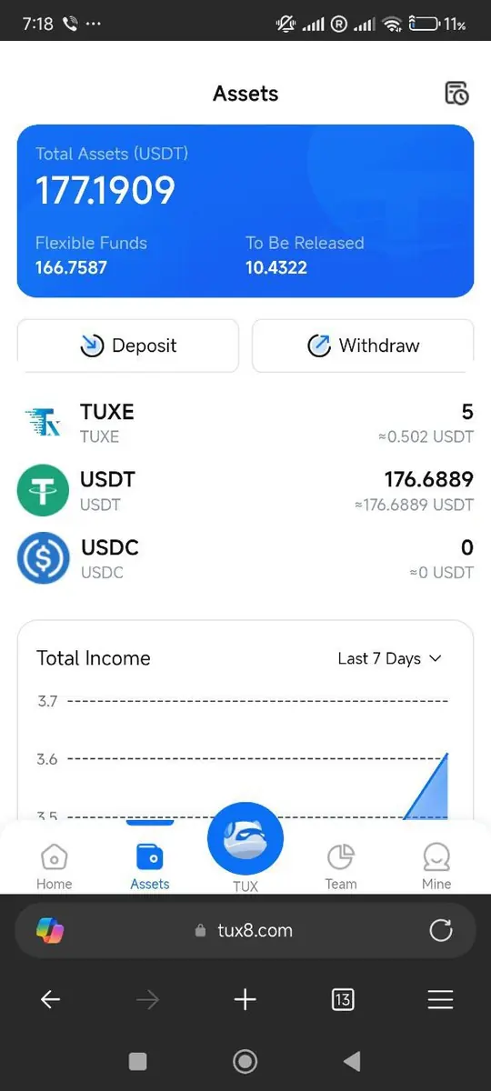 Captură din aplicația TUX care arată balanța de active și sumele în USDT