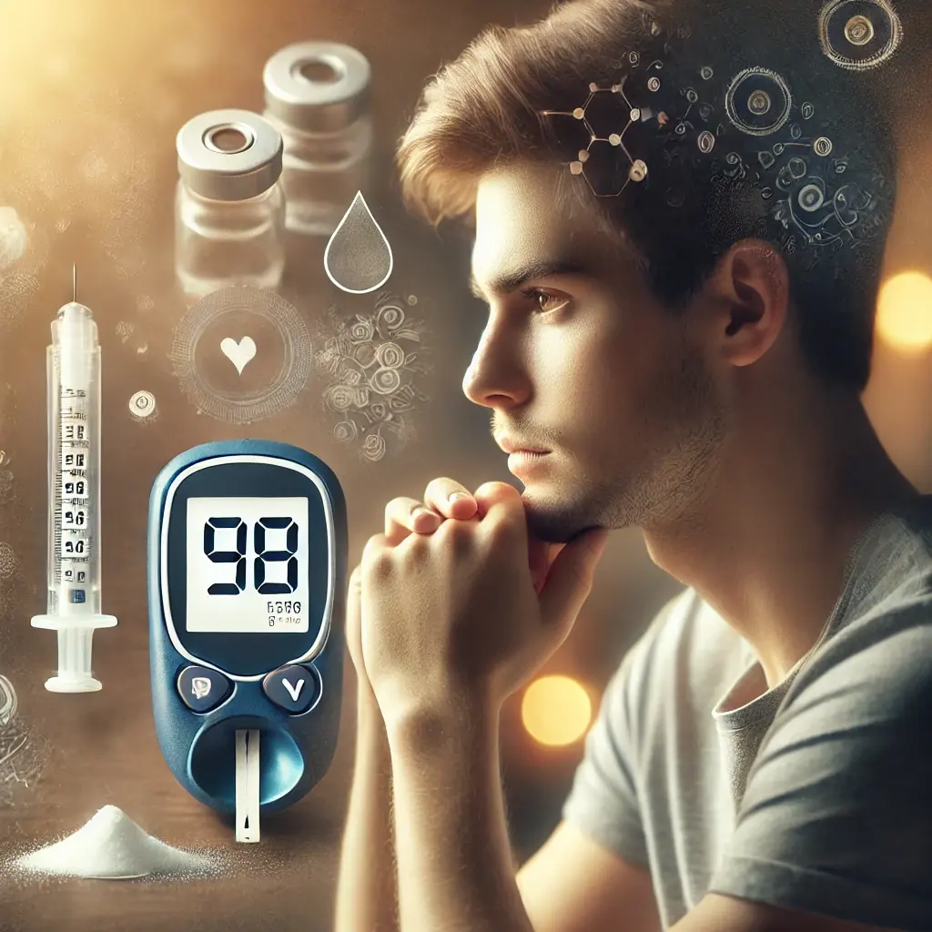 Imagine a unui tânăr reflectiv care trăiește cu diabet, privindu-se într-o manieră contemplativă. În fundal, apar simboluri medicale precum un aparat de glicemie și flacoane de insulină, sugerând rutina zilnică a gestionării diabetului.